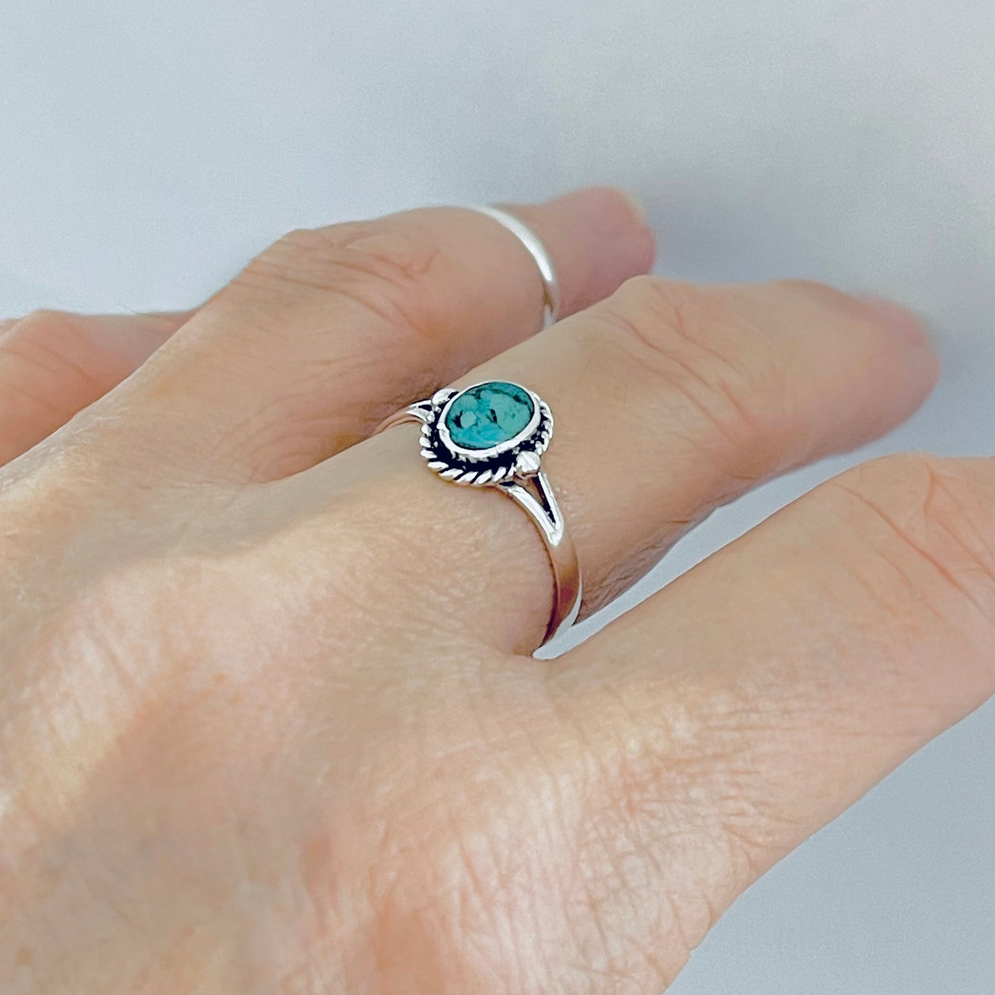 Sterling Silver Oval Genuine Turquoise Ring with Braid – Dainty Minimalist Boho Ring