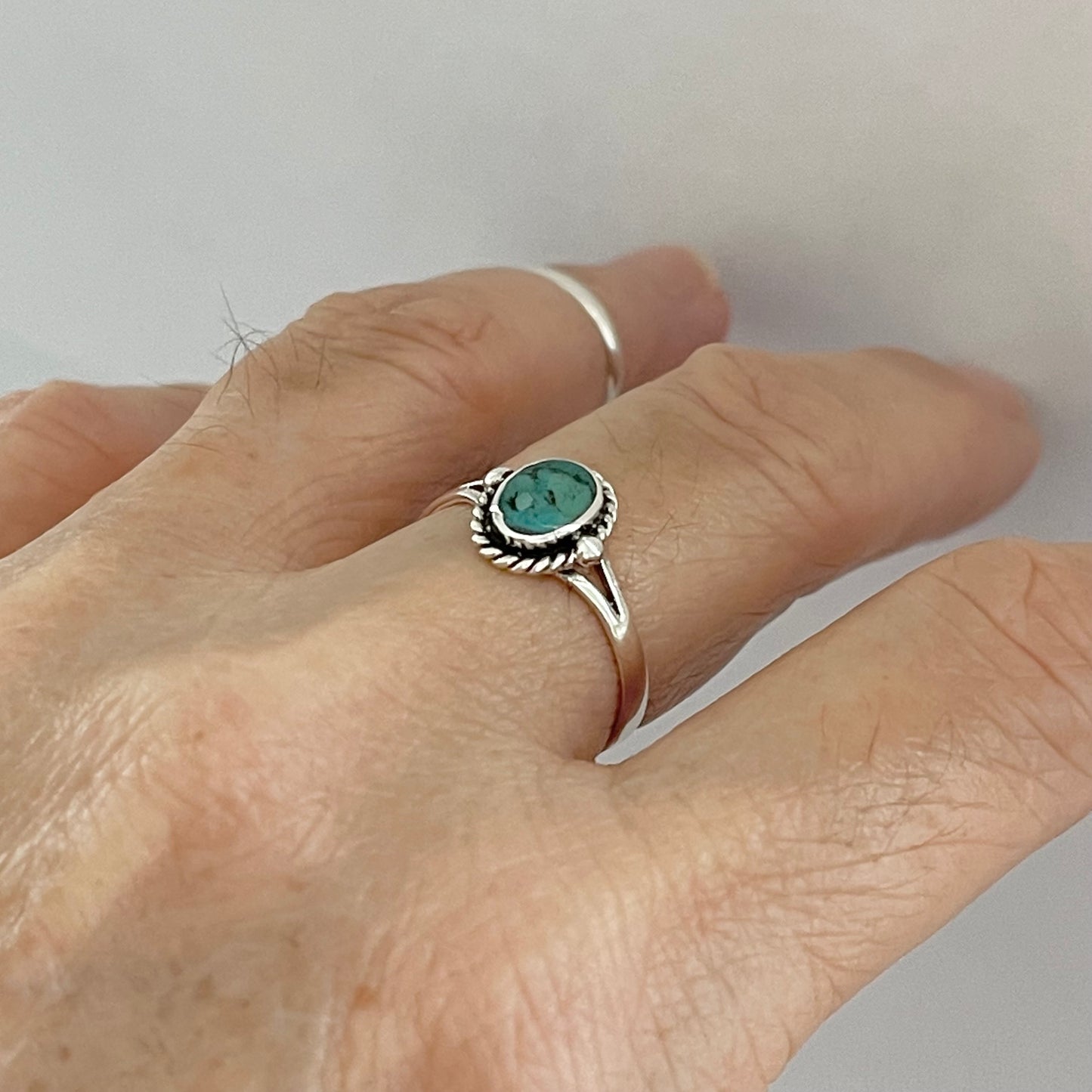 Sterling Silver Small Oval Genuine Turquoise Ring with Braid, Minimalist Silver Stone Ring