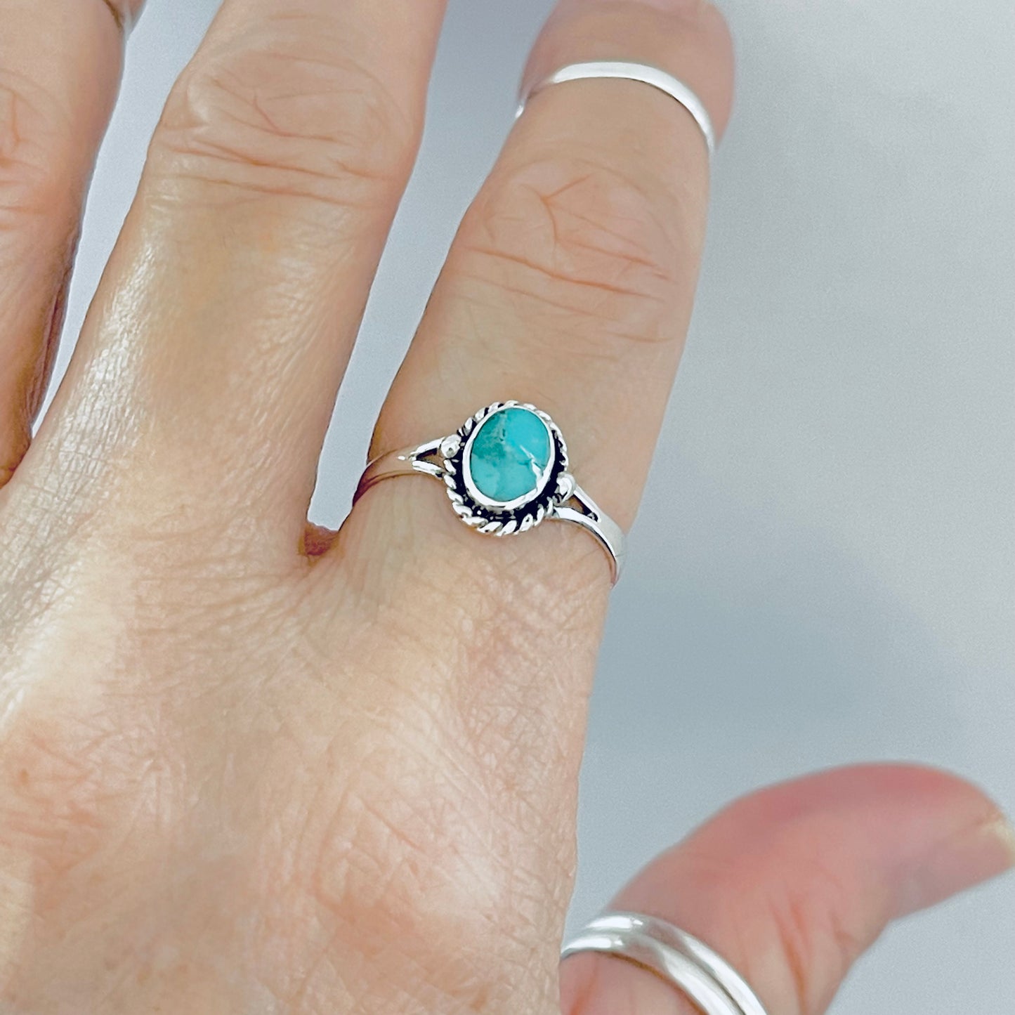 Sterling Silver Oval Genuine Turquoise Ring with Braid – Dainty Minimalist Boho Ring