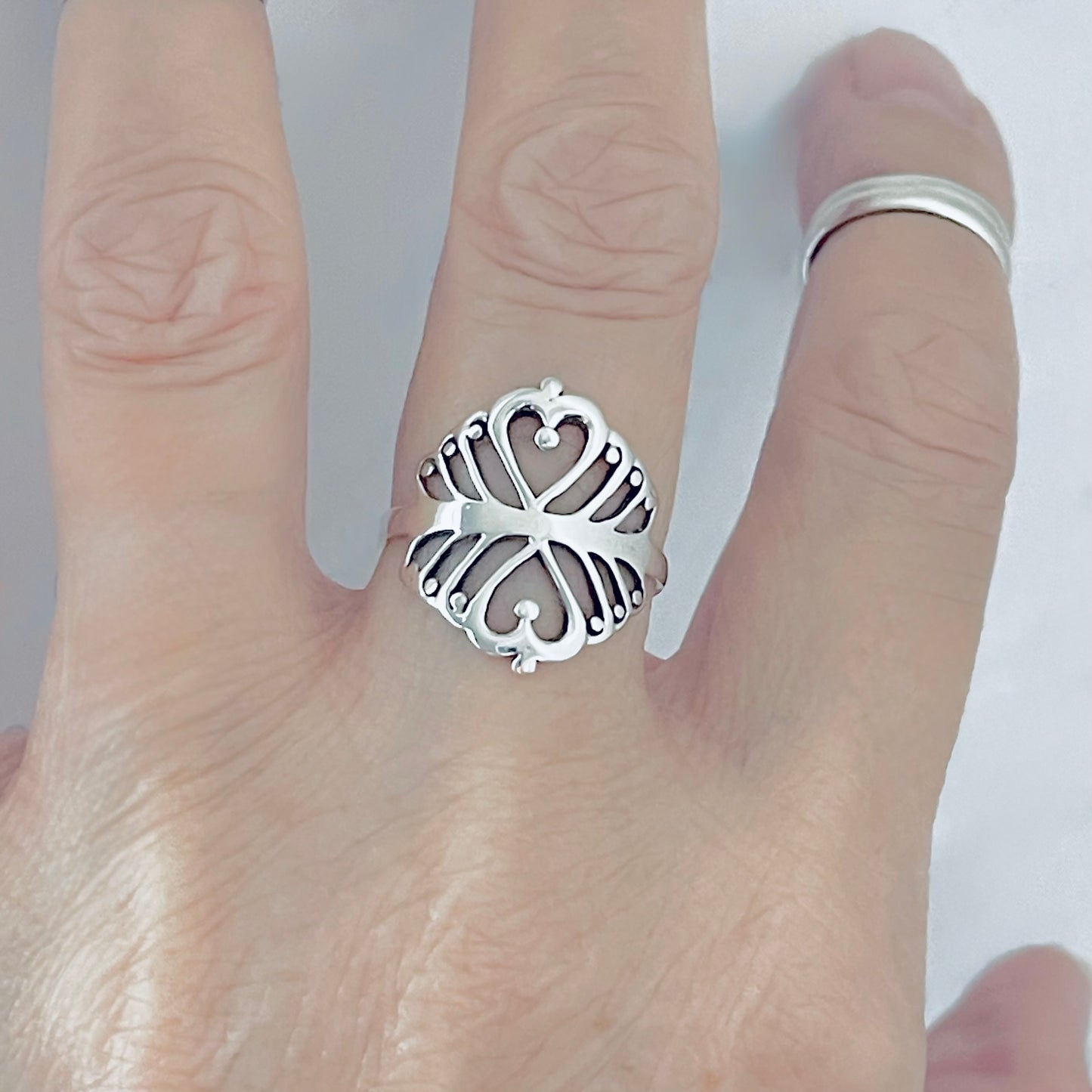 925 Sterling Silver Double Heart Ring with Swirls | Statement Delicate Swirly Silver Rings