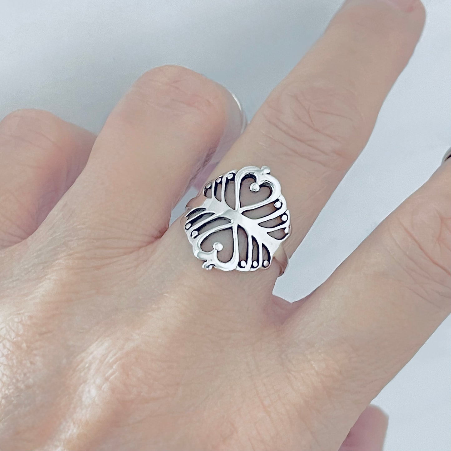 925 Sterling Silver Double Heart Ring with Swirls | Statement Delicate Swirly Silver Rings