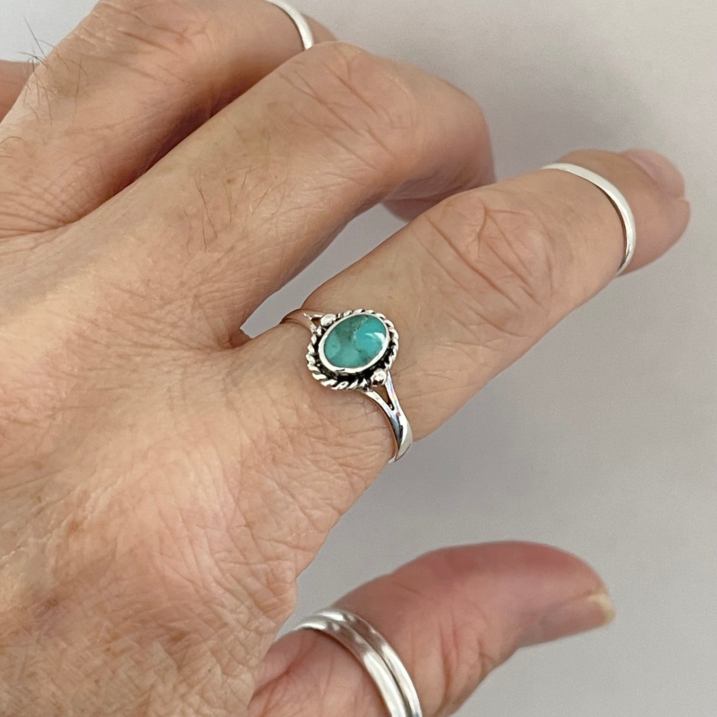 Sterling Silver Small Oval Genuine Turquoise Ring with Braid, Minimalist Silver Stone Ring