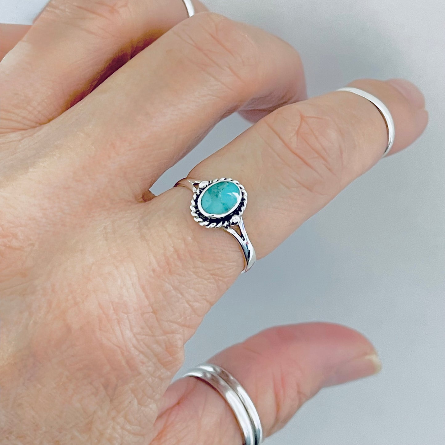 Sterling Silver Oval Genuine Turquoise Ring with Braid – Dainty Minimalist Boho Ring