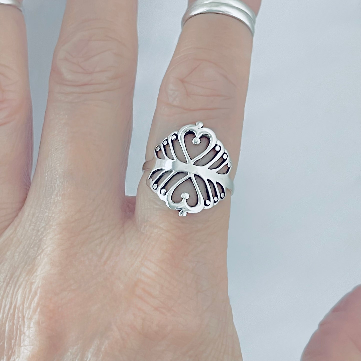 925 Sterling Silver Double Heart Ring with Swirls | Statement Delicate Swirly Silver Rings