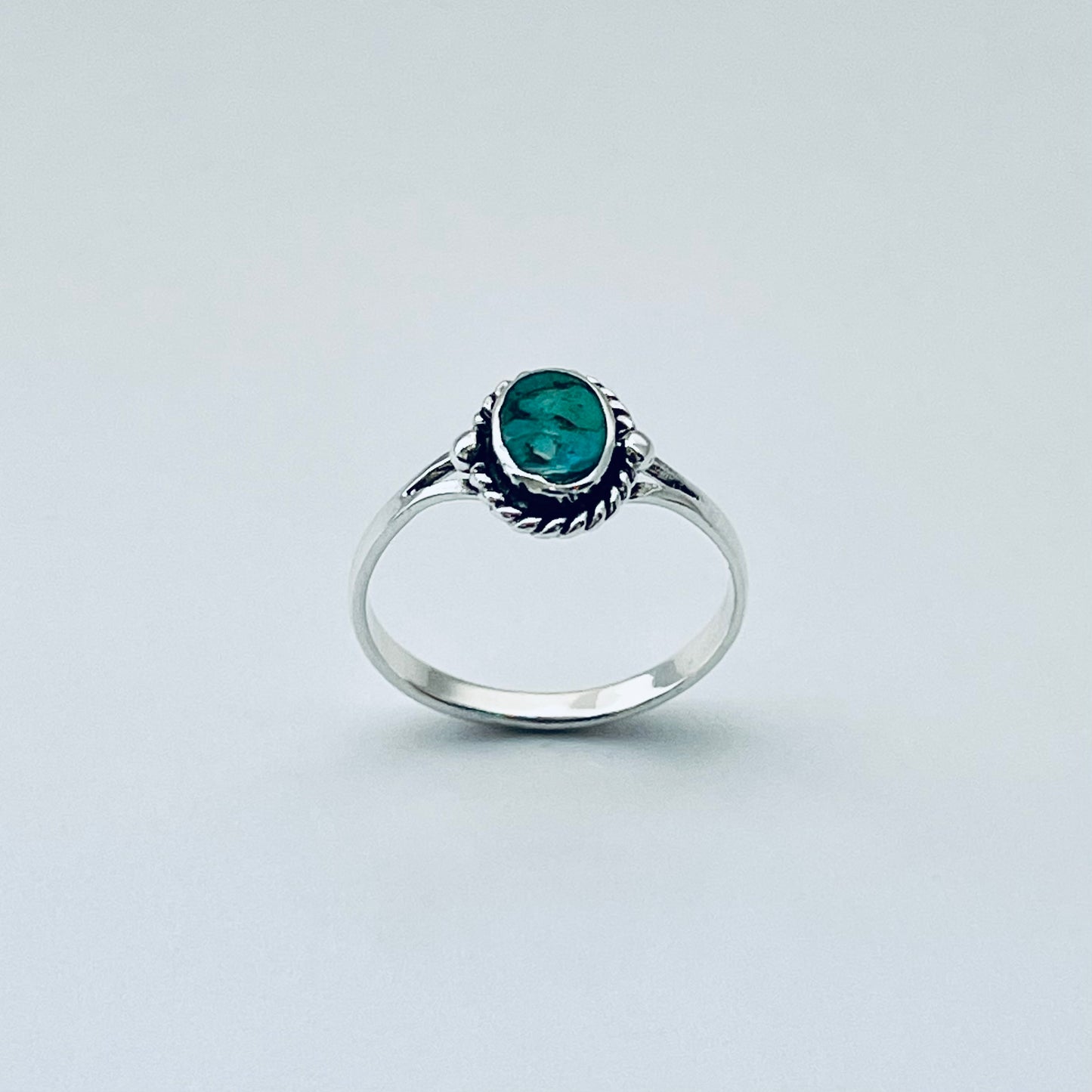 Sterling Silver Small Oval Genuine Turquoise Ring with Braid, Minimalist Silver Stone Ring