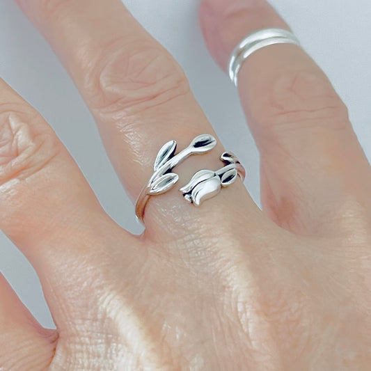 Sterling Silver Delicate Tulip Ring with Leaves – Flower Rose Silver Rings
