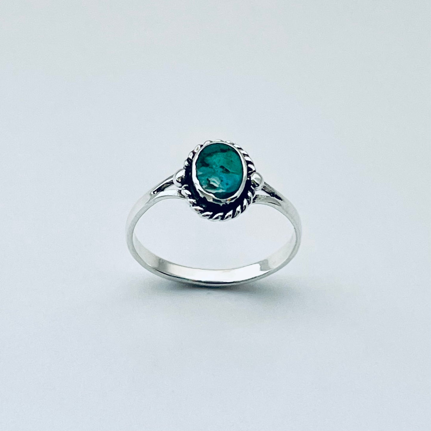 Sterling Silver Small Oval Genuine Turquoise Ring with Braid, Minimalist Silver Stone Ring