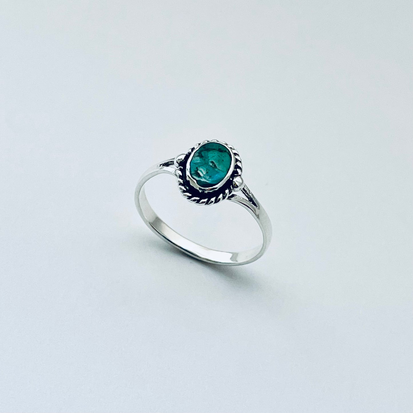 Sterling Silver Small Oval Genuine Turquoise Ring with Braid, Minimalist Silver Stone Ring