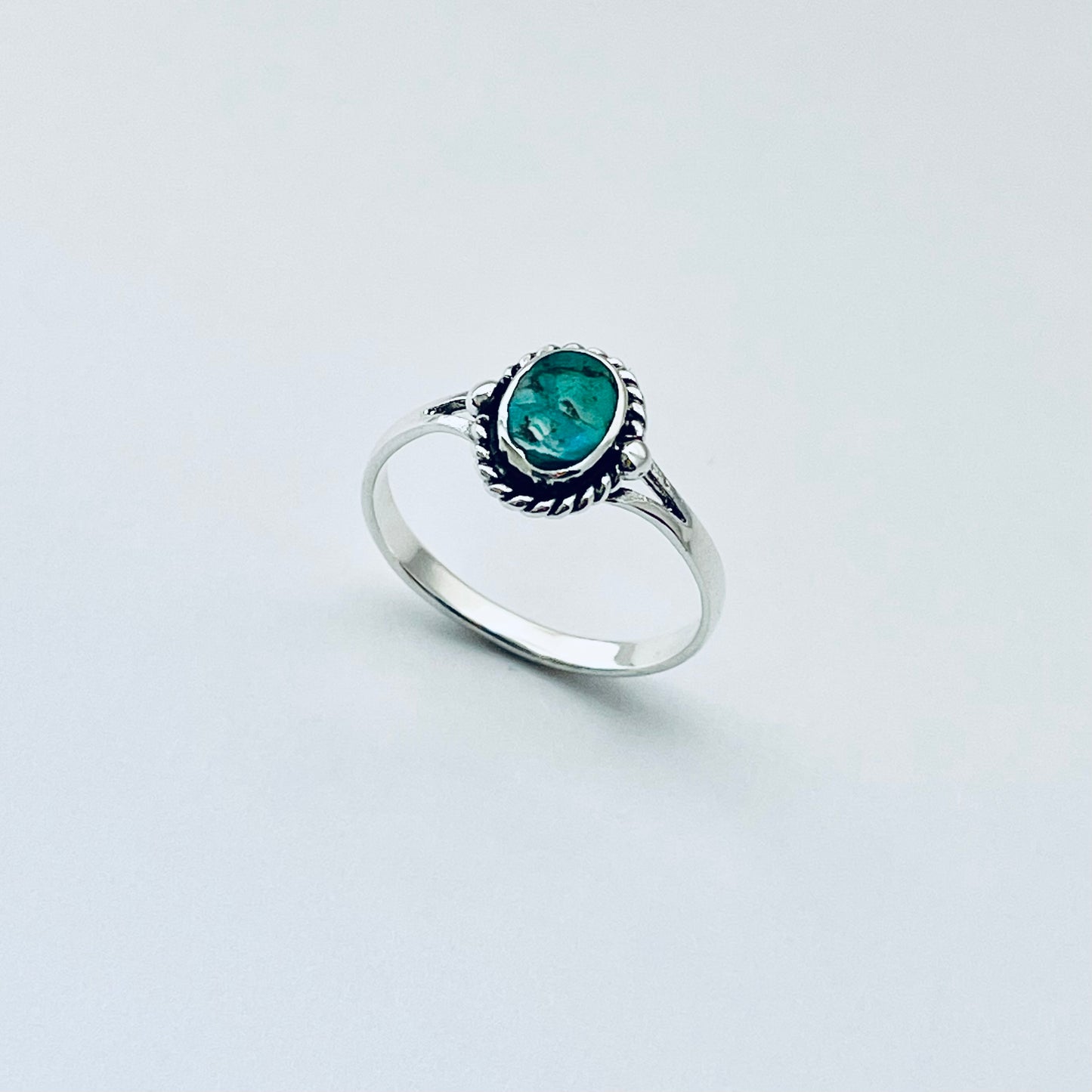 Sterling Silver Oval Genuine Turquoise Ring with Braid – Dainty Minimalist Boho Ring