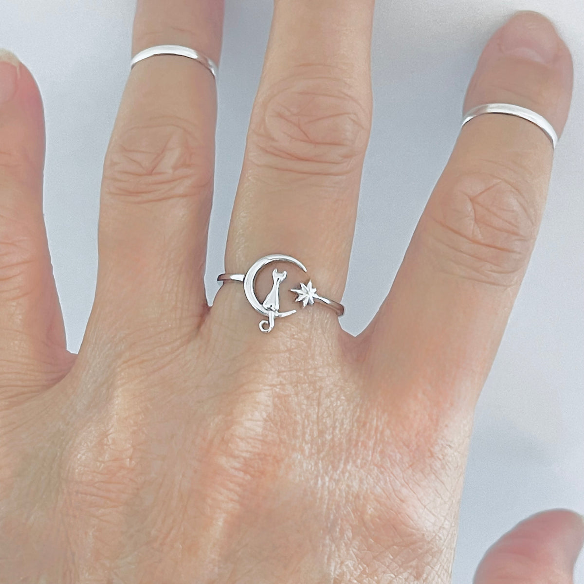 925 Sterling Silver Delicate Cat on Crescent Moon Ring | Dainty Celestial Kitty Animal Silver Rings