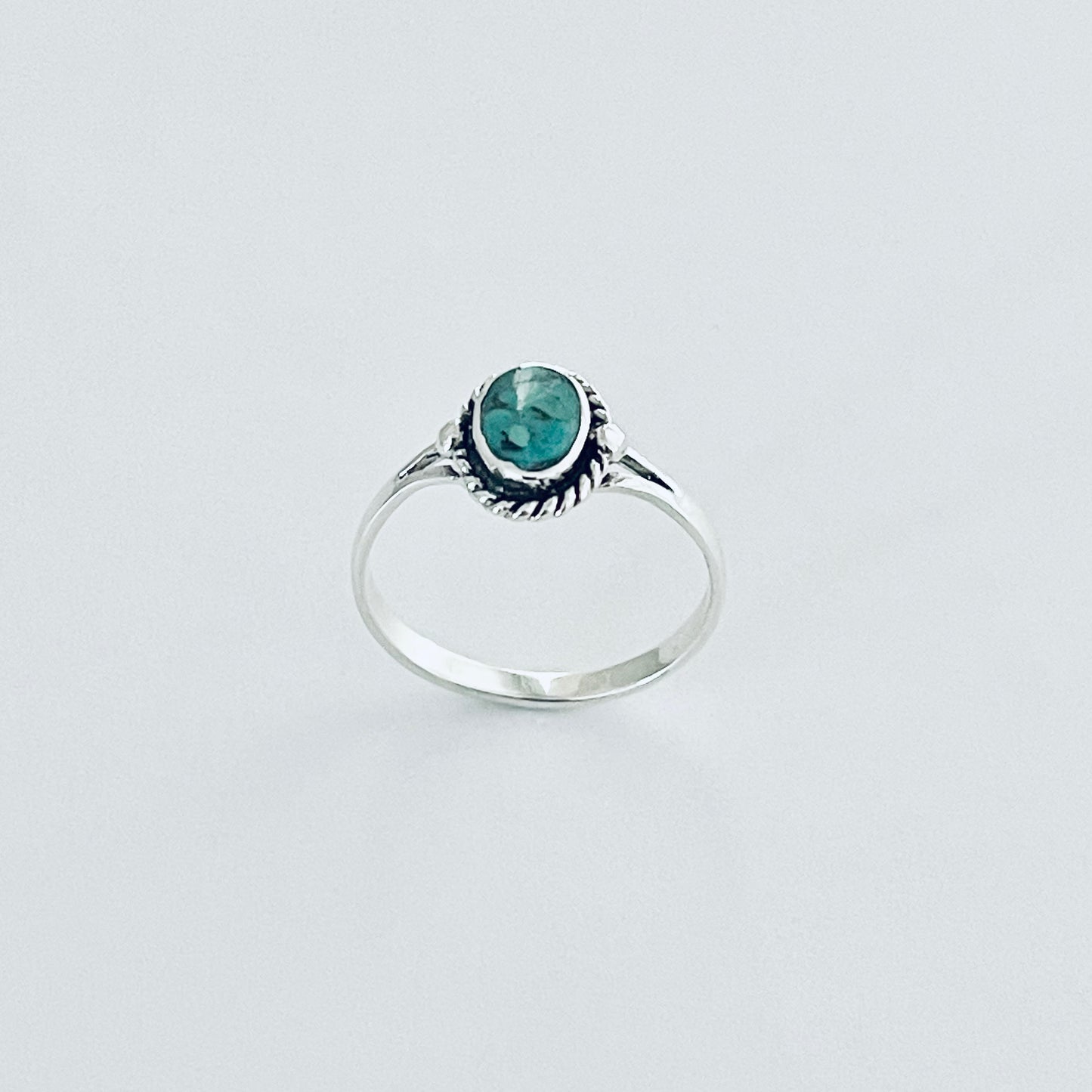 Sterling Silver Oval Genuine Turquoise Ring with Braid – Dainty Minimalist Boho Ring