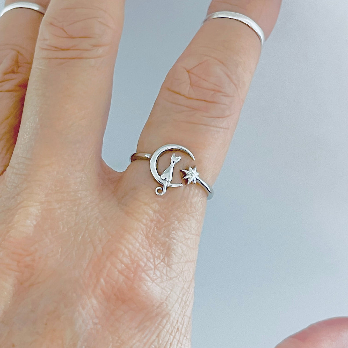 925 Sterling Silver Delicate Cat on Crescent Moon Ring | Dainty Celestial Kitty Animal Silver Rings