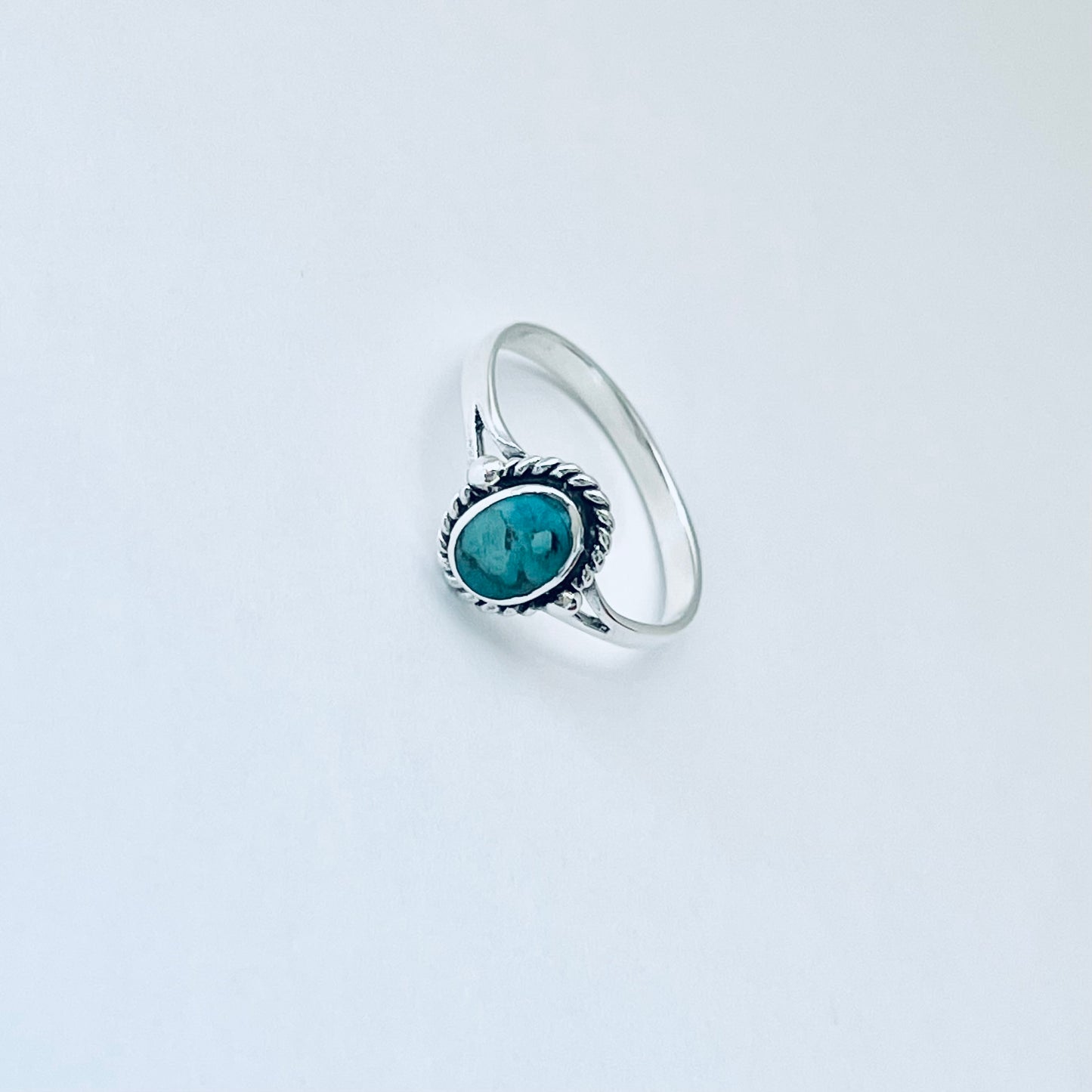 Sterling Silver Oval Genuine Turquoise Ring with Braid – Dainty Minimalist Boho Ring