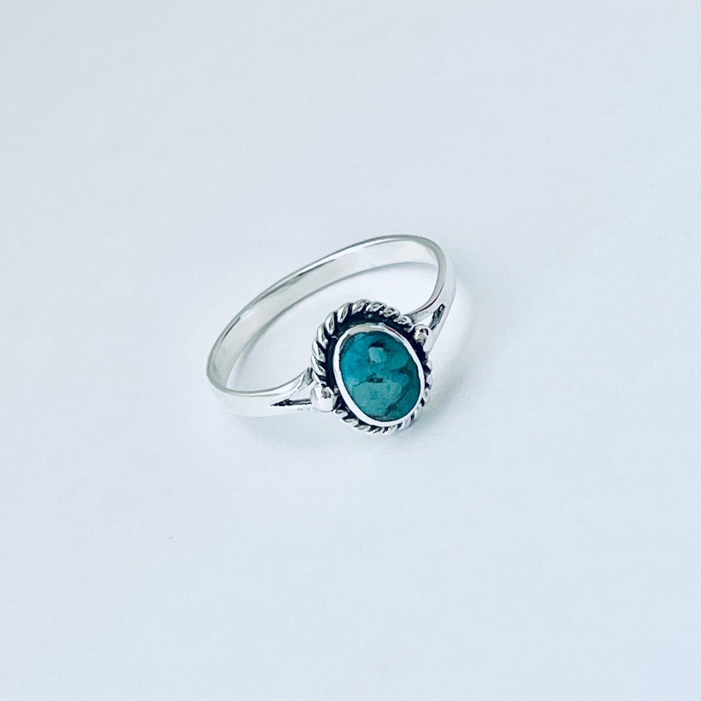 Sterling Silver Oval Genuine Turquoise Ring with Braid – Dainty Minimalist Boho Ring