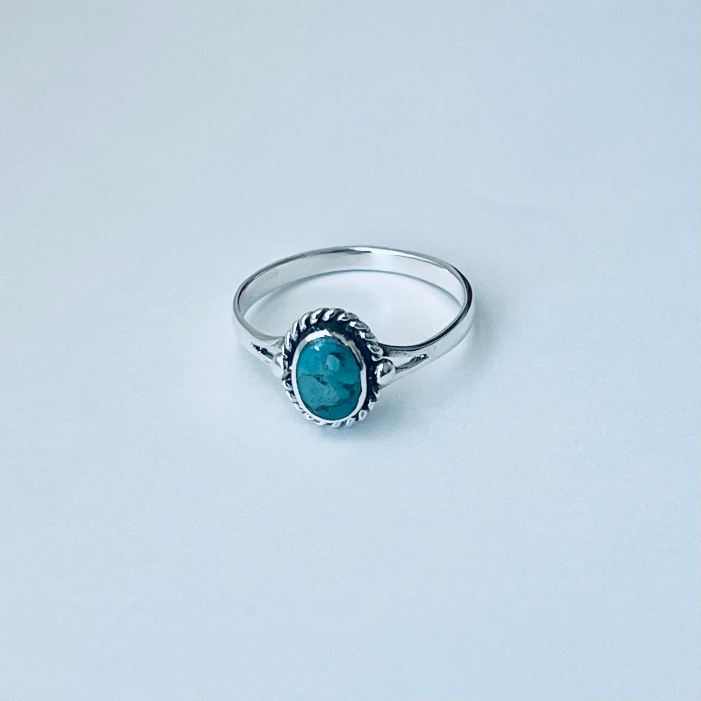 Sterling Silver Small Oval Genuine Turquoise Ring with Braid, Minimalist Silver Stone Ring