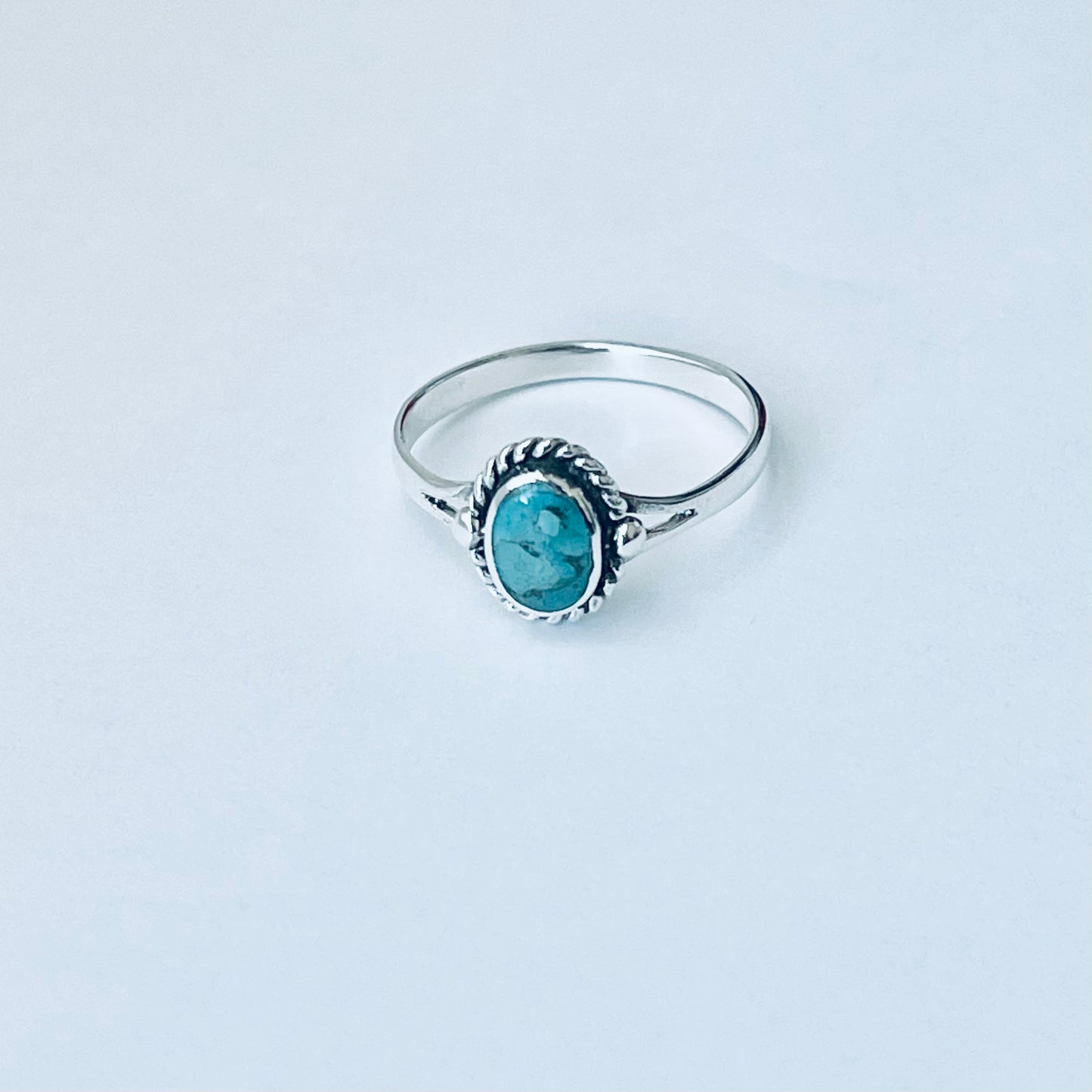 Sterling Silver Oval Genuine Turquoise Ring with Braid – Dainty Minimalist Boho Ring