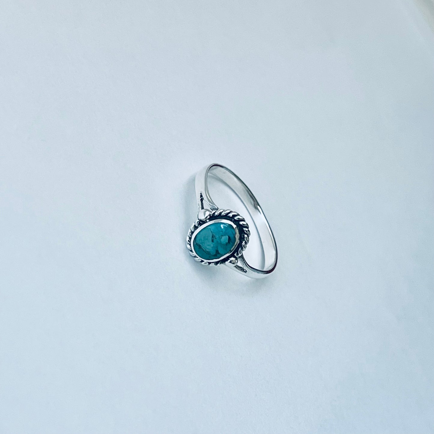 Sterling Silver Small Oval Genuine Turquoise Ring with Braid, Minimalist Silver Stone Ring