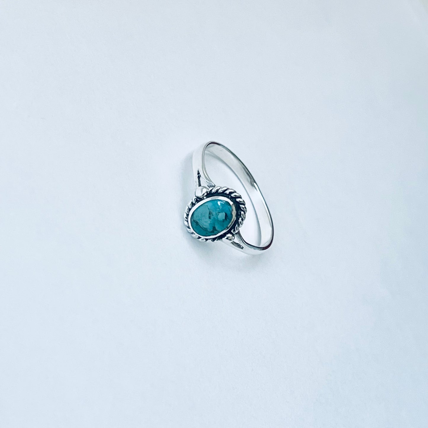 Sterling Silver Oval Genuine Turquoise Ring with Braid – Dainty Minimalist Boho Ring
