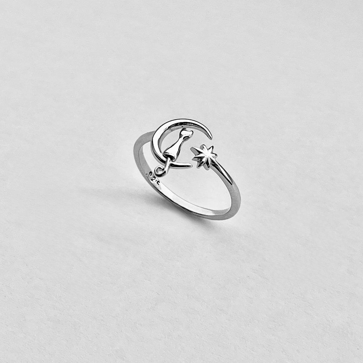 925 Sterling Silver Delicate Cat on Crescent Moon Ring | Dainty Celestial Kitty Animal Silver Rings