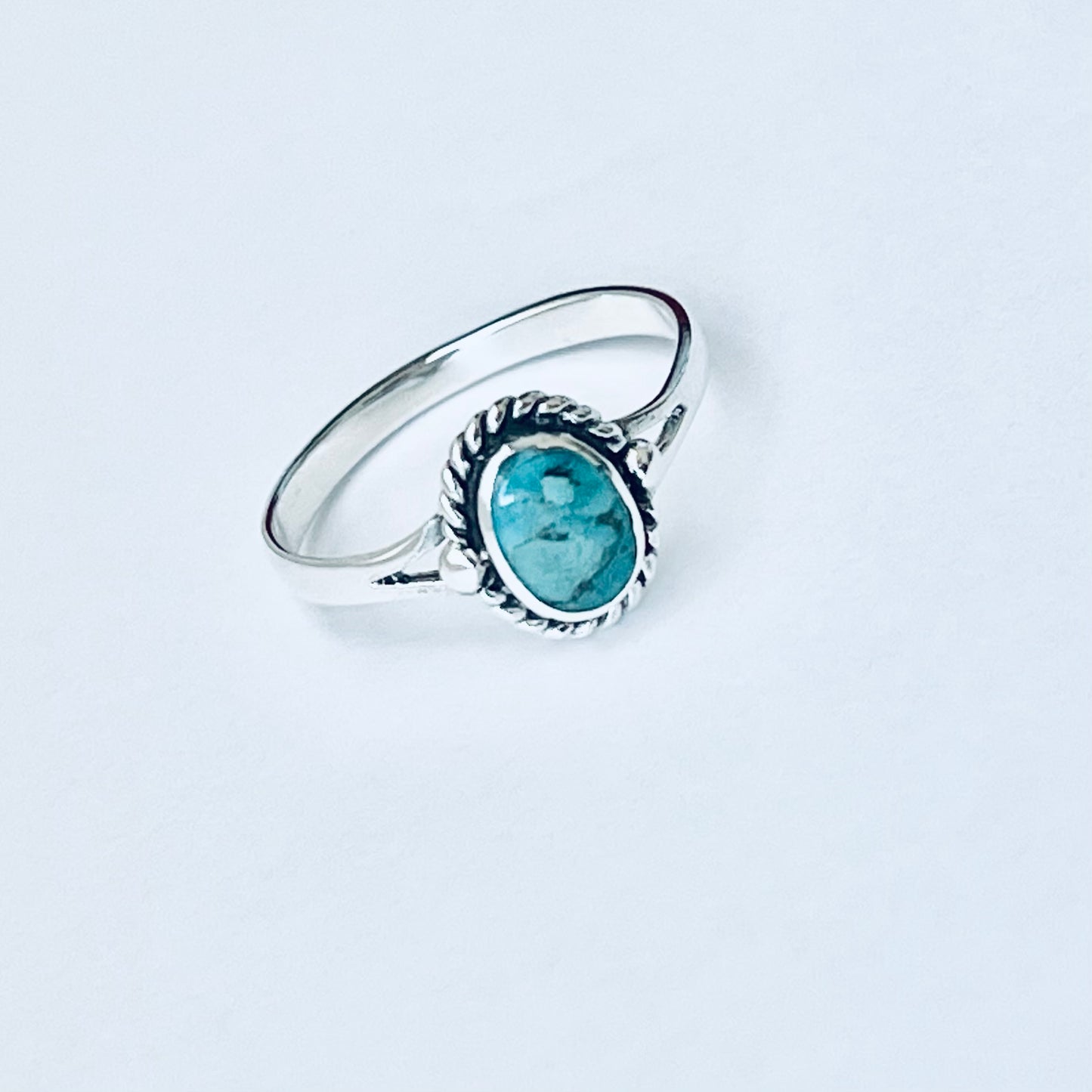 Sterling Silver Oval Genuine Turquoise Ring with Braid – Dainty Minimalist Boho Ring