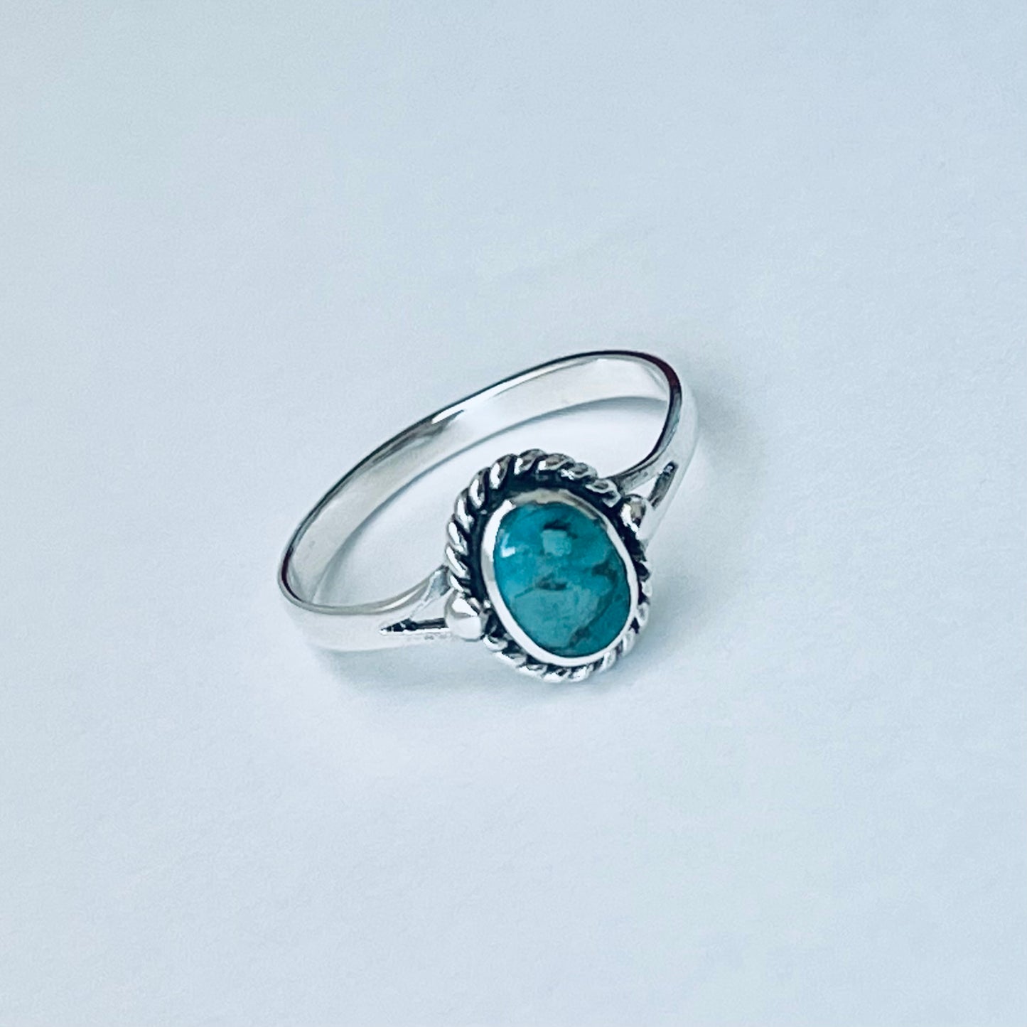 Sterling Silver Small Oval Genuine Turquoise Ring with Braid, Minimalist Silver Stone Ring