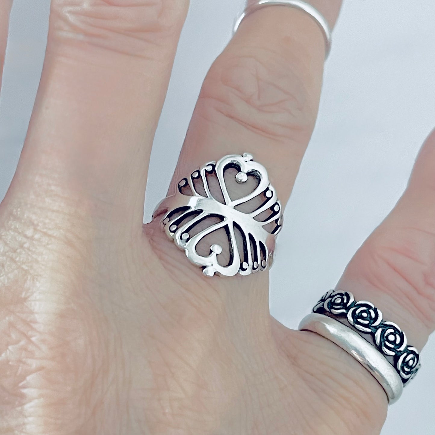 925 Sterling Silver Double Heart Ring with Swirls | Statement Delicate Swirly Silver Rings