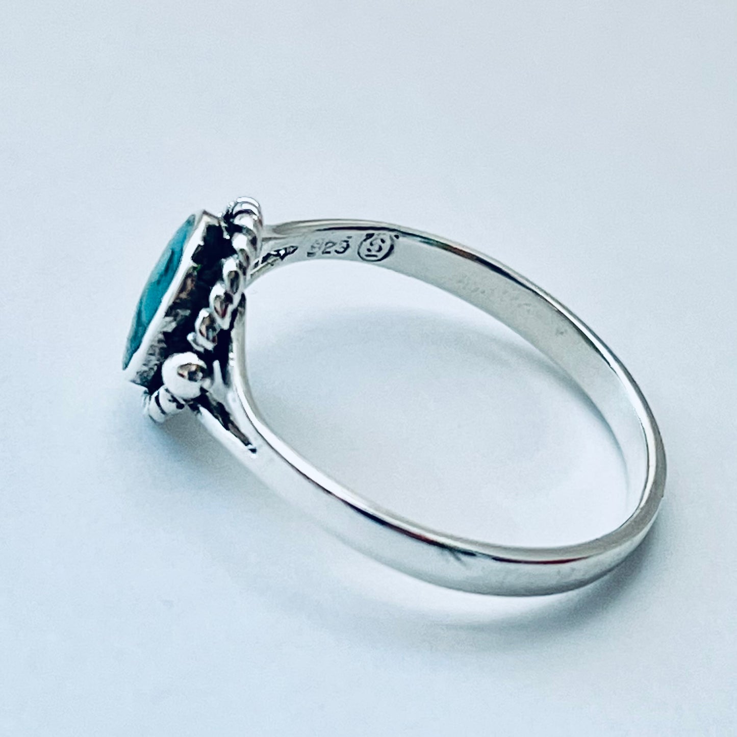 Sterling Silver Small Oval Genuine Turquoise Ring with Braid, Minimalist Silver Stone Ring