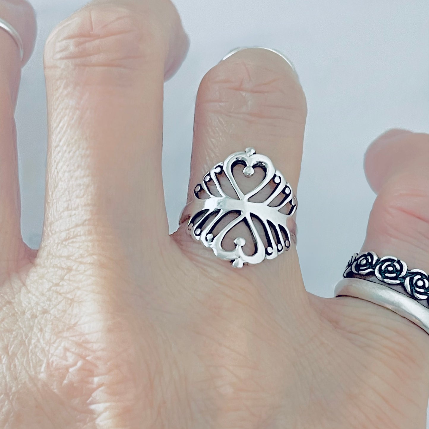 925 Sterling Silver Double Heart Ring with Swirls | Statement Delicate Swirly Silver Rings