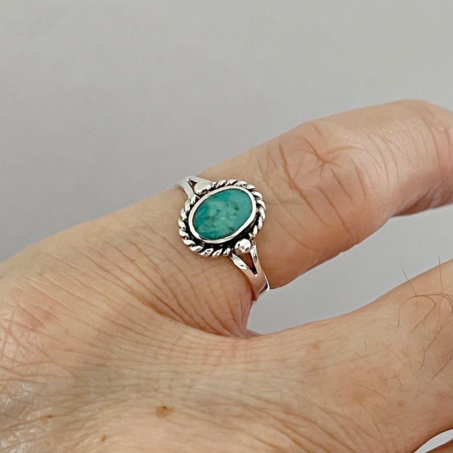 Sterling Silver Small Oval Genuine Turquoise Ring with Braid, Minimalist Silver Stone Ring