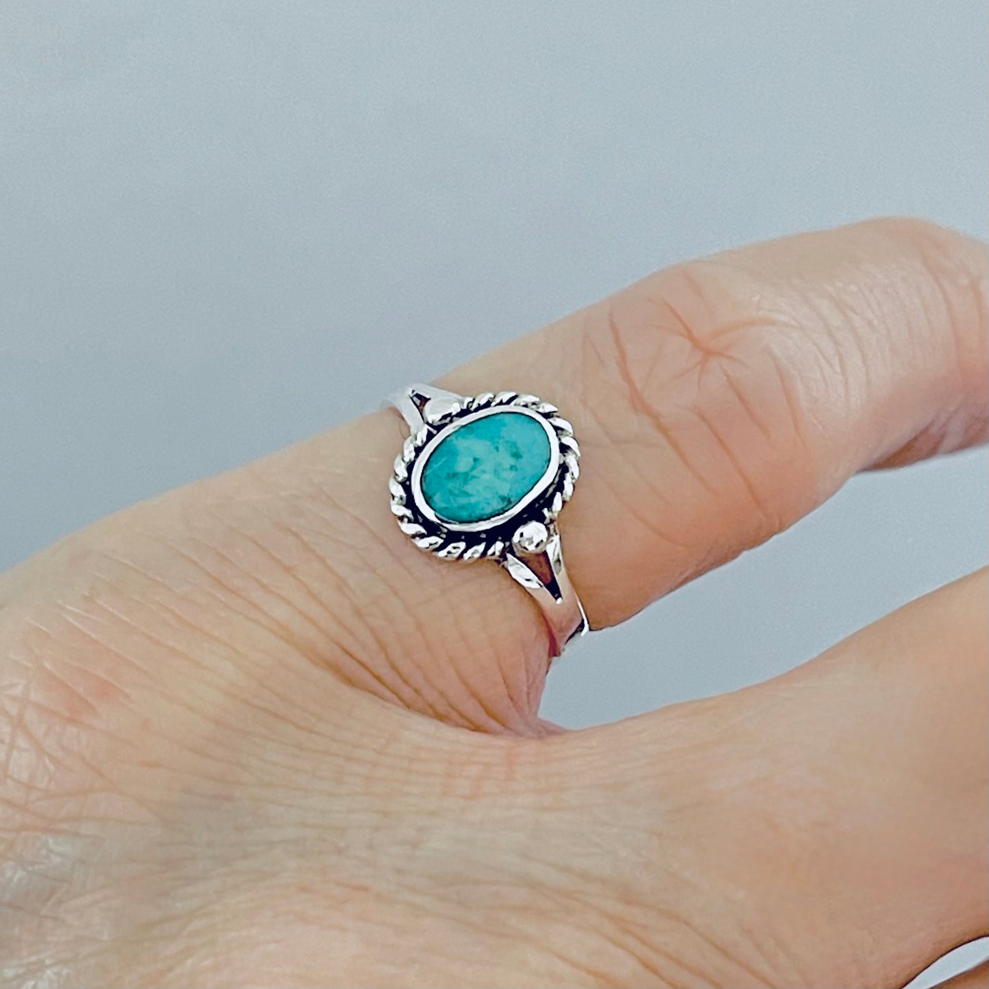 Sterling Silver Oval Genuine Turquoise Ring with Braid – Dainty Minimalist Boho Ring