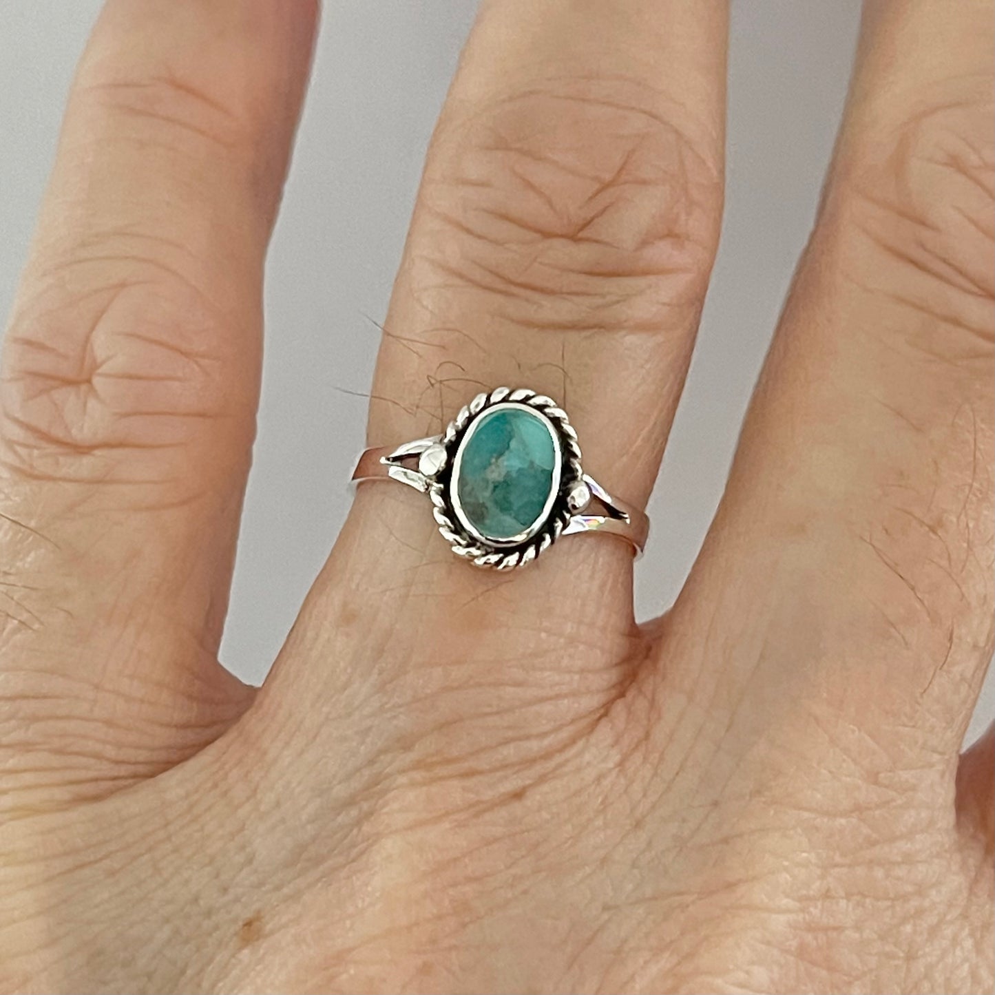 Sterling Silver Small Oval Genuine Turquoise Ring with Braid, Minimalist Silver Stone Ring