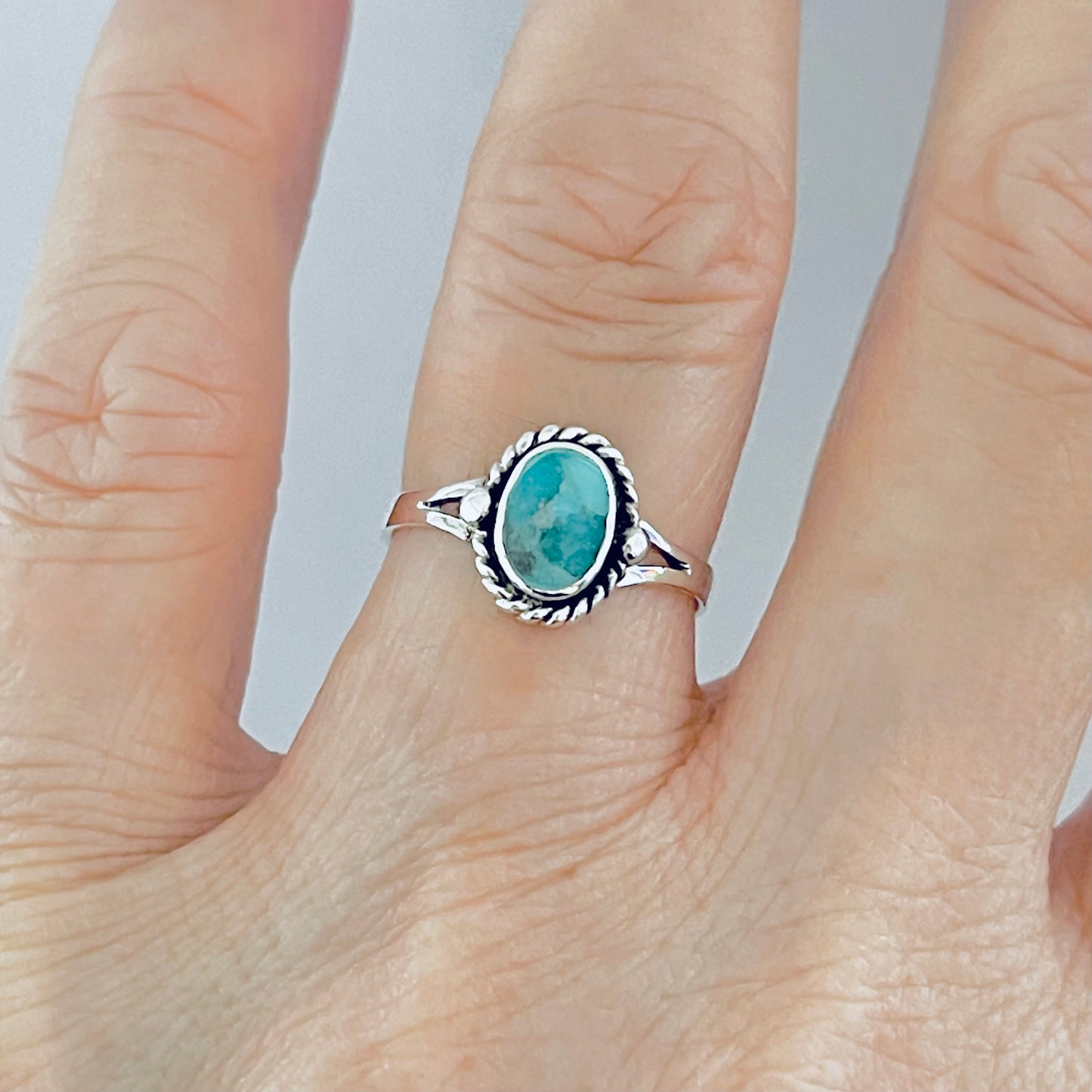 Sterling Silver Oval Genuine Turquoise Ring with Braid – Dainty Minimalist Boho Ring