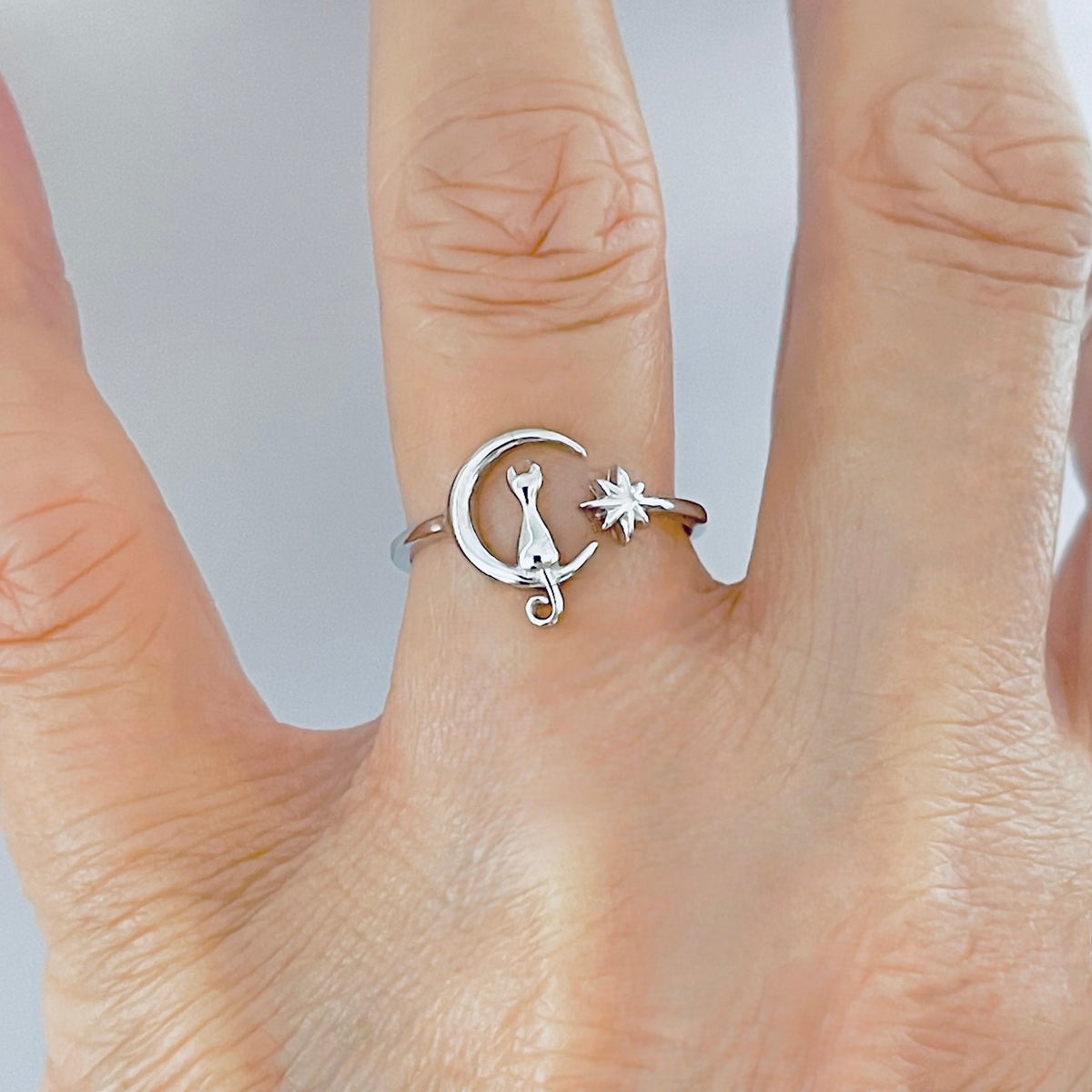 925 Sterling Silver Delicate Cat on Crescent Moon Ring | Dainty Celestial Kitty Animal Silver Rings