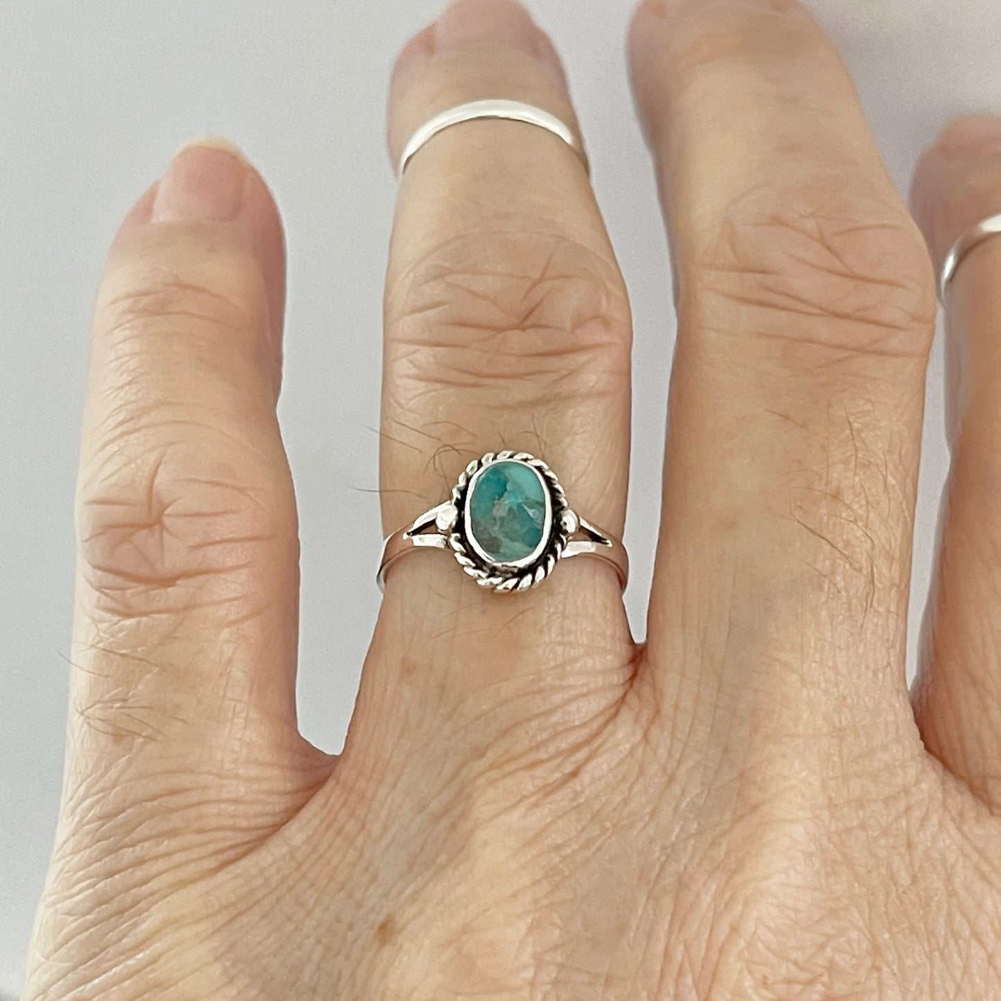 Sterling Silver Small Oval Genuine Turquoise Ring with Braid, Minimalist Silver Stone Ring