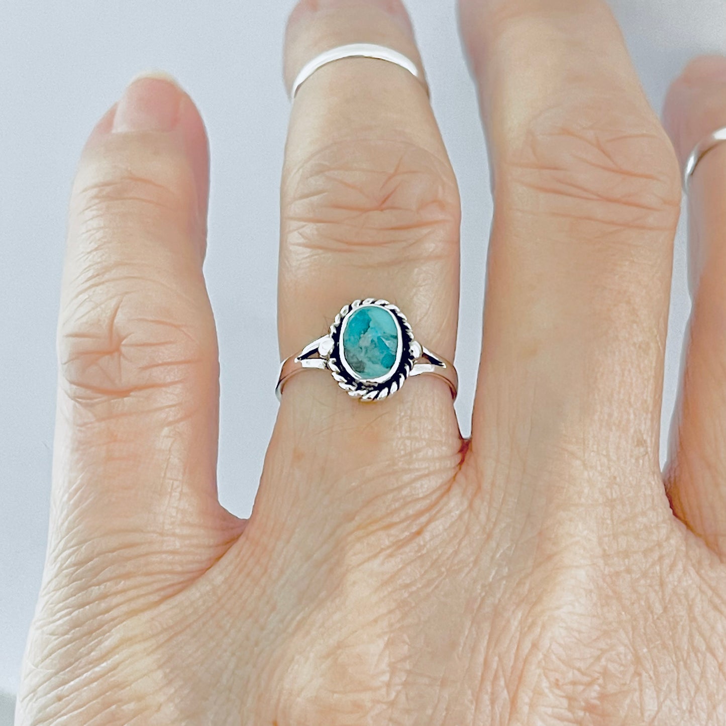 Sterling Silver Oval Genuine Turquoise Ring with Braid – Dainty Minimalist Boho Ring