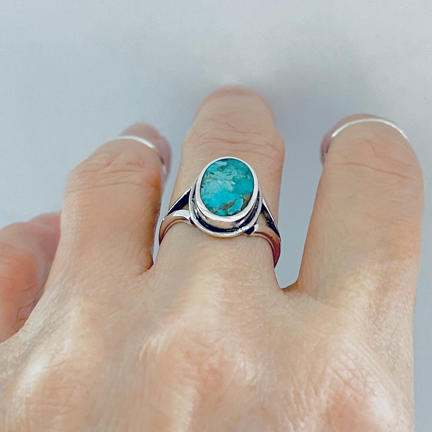 Sterling Silver Oval Genuine Turquoise Ring – Boho Statement Stone Silver Rings