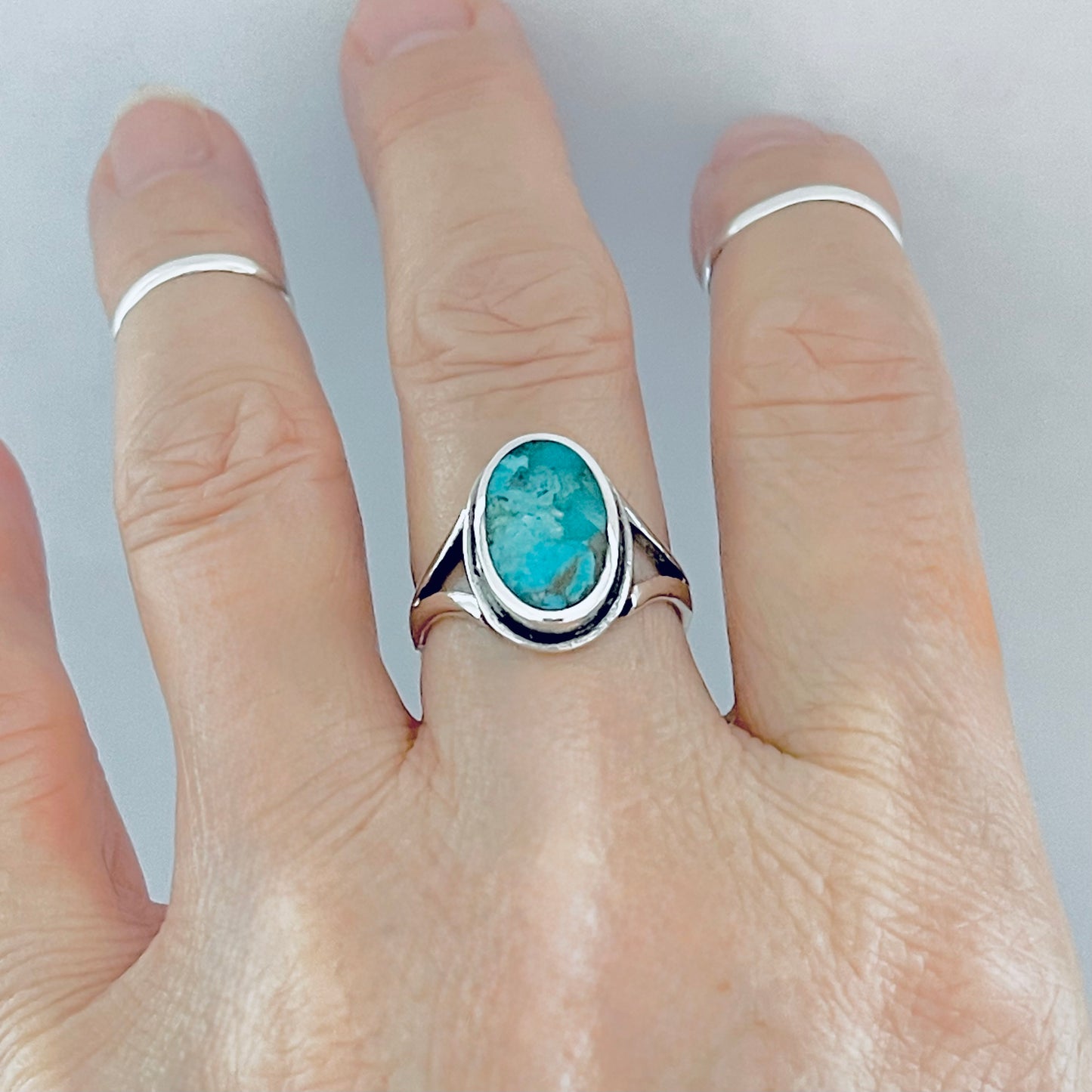 Sterling Silver Oval Genuine Turquoise Ring – Boho Statement Stone Silver Rings