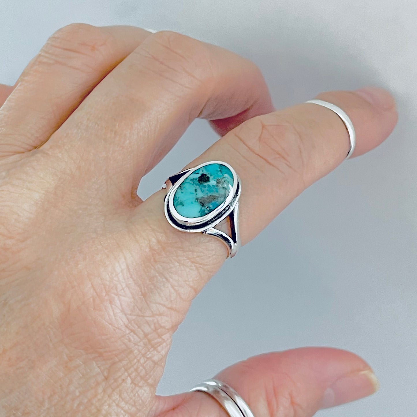 Sterling Silver Oval Genuine Turquoise Ring – Boho Statement Stone Silver Rings