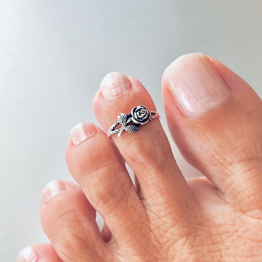 Sterling Silver Dainty Rose Toe Ring with Leaves – Flower Midi Pinky Silver Rings