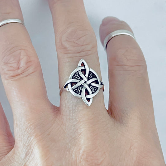 Sterling Silver Celtic Cross Ring with Little Triquetra, Trinity Love Knots Jewelry