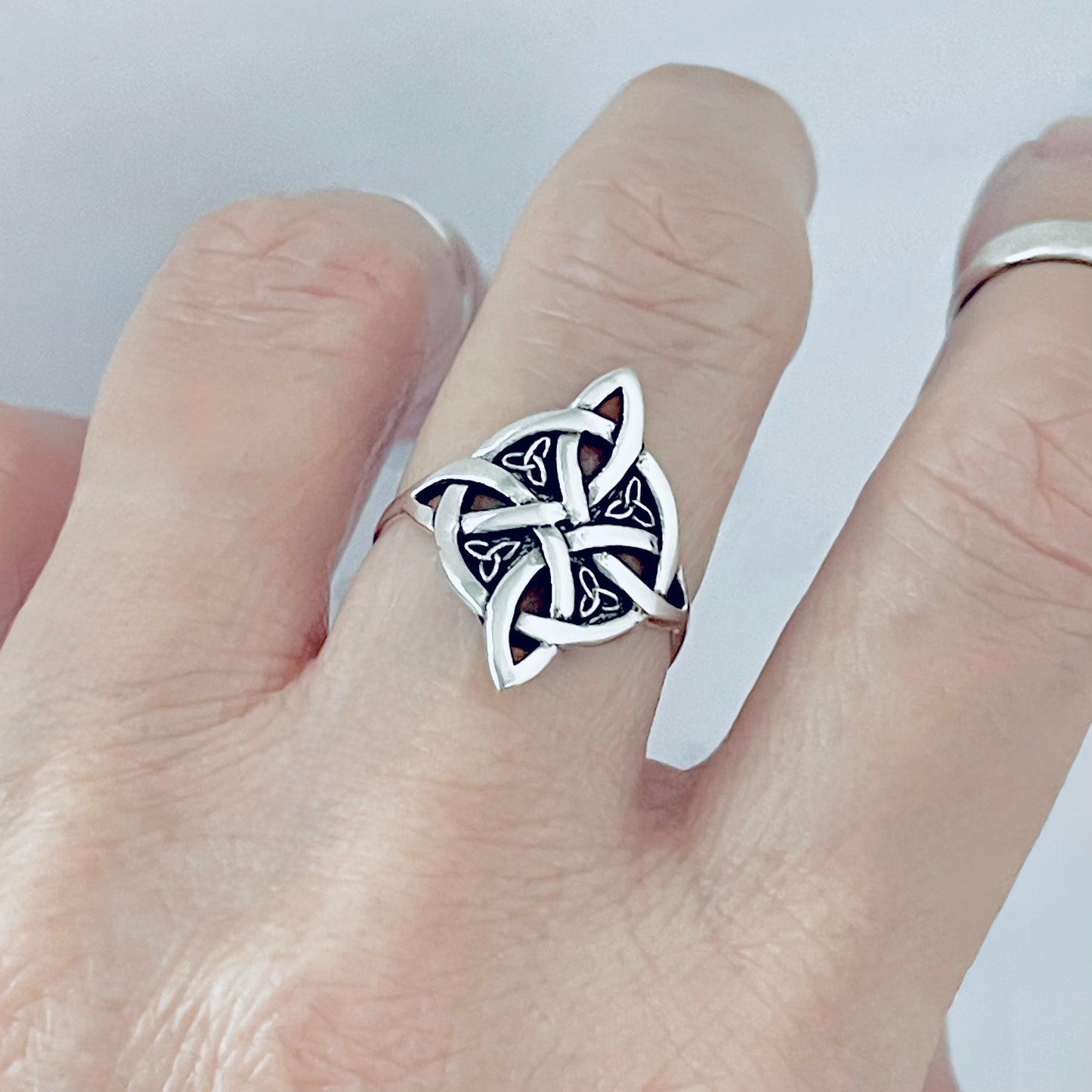 Sterling Silver Celtic Cross Ring with Little Triquetra, Trinity Love Knots Jewelry