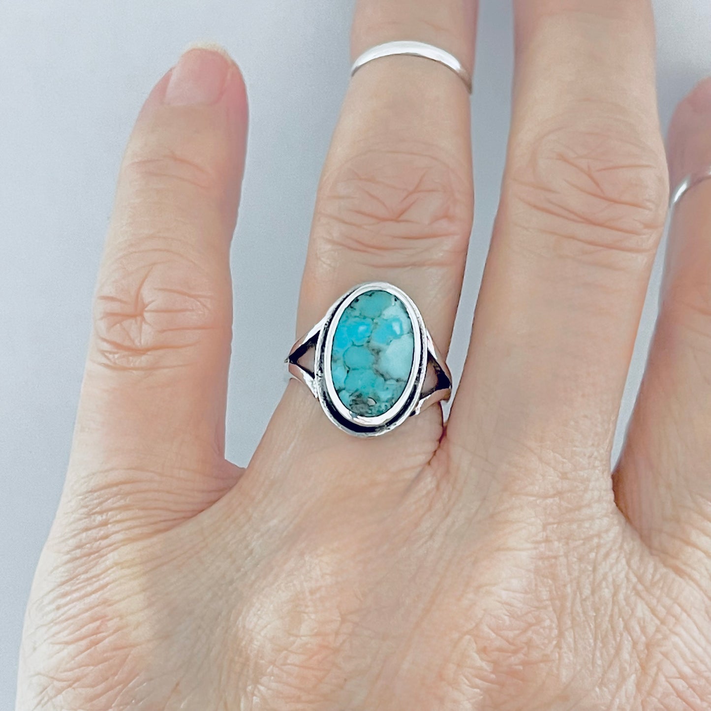 Sterling Silver Oval Genuine Turquoise Ring – Boho Statement Stone Silver Rings