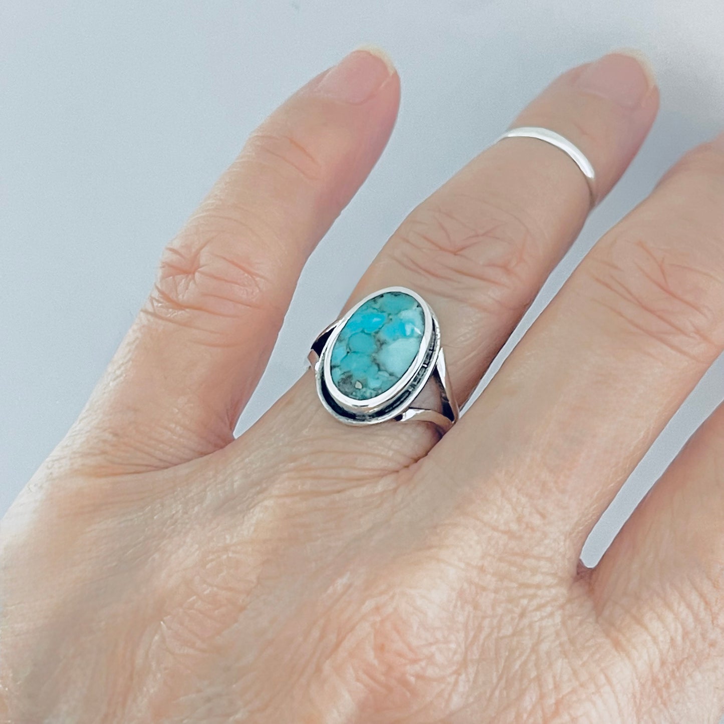 Sterling Silver Oval Genuine Turquoise Ring – Boho Statement Stone Silver Rings