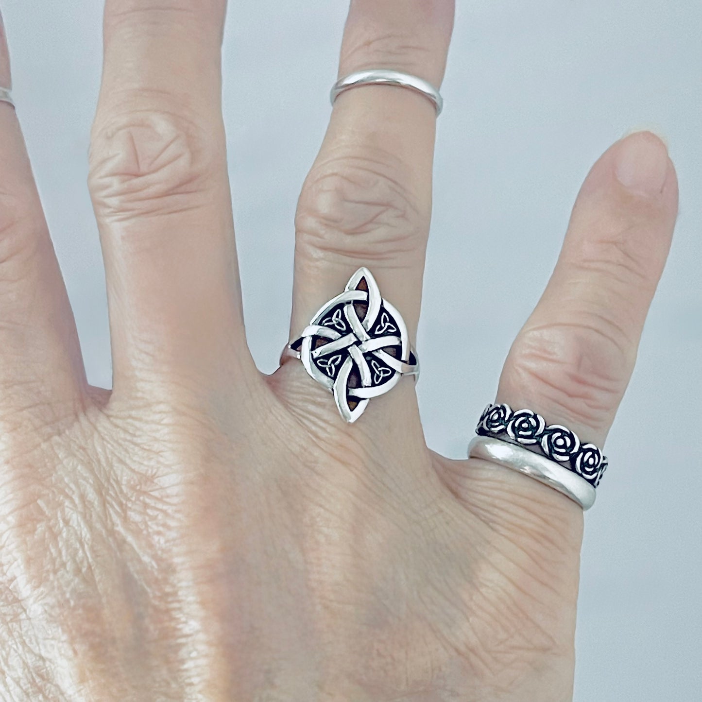 Sterling Silver Celtic Cross Ring with Little Triquetra, Trinity Love Knots Jewelry