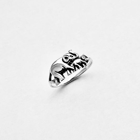 925 Sterling Silver Trunk Up Baby & Mama Elephant Ring | Love Family Animal Silver Rings