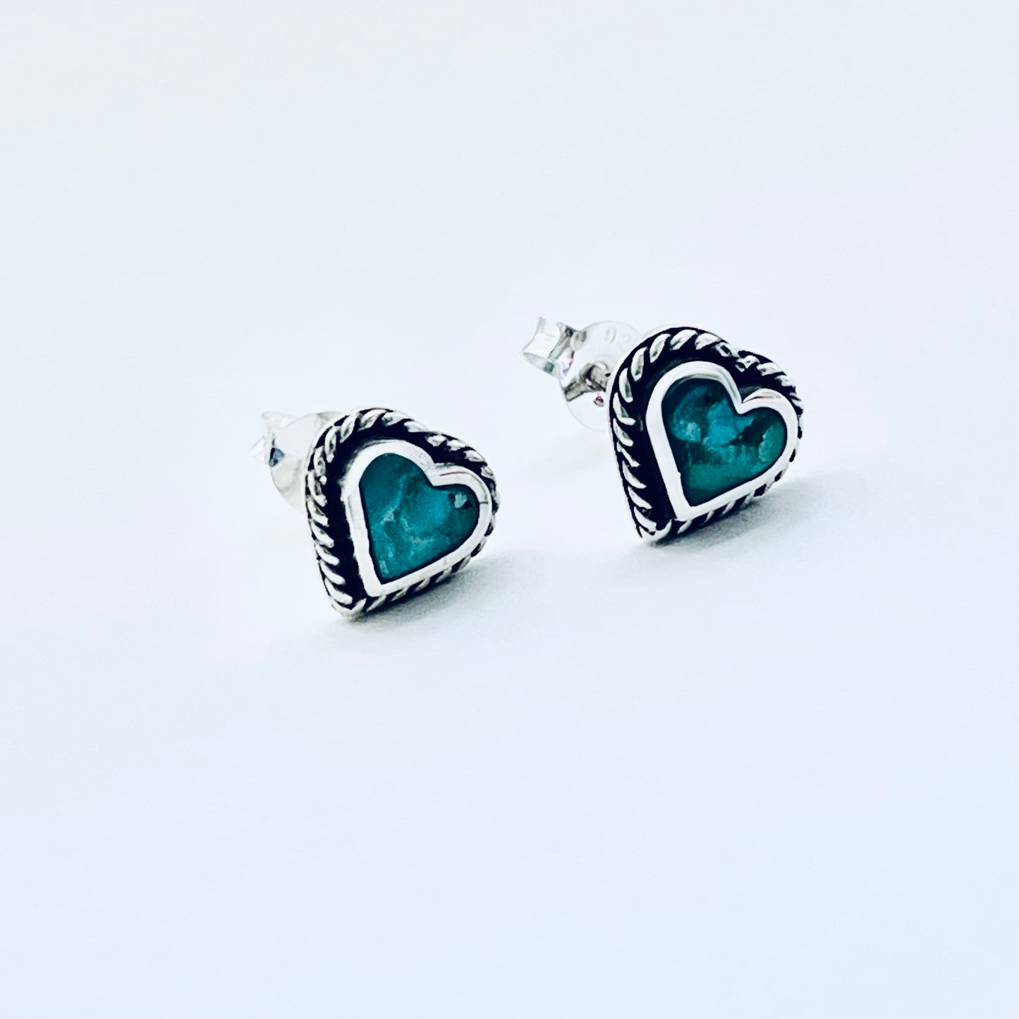 Sterling Silver Genuine Turquoise Heart Earring with Braid, Stud Earrings, Stone Hearts