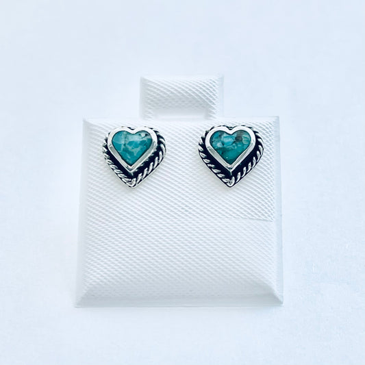 Sterling Silver Genuine Turquoise Heart Earring with Braid, Stud Earrings, Stone Hearts