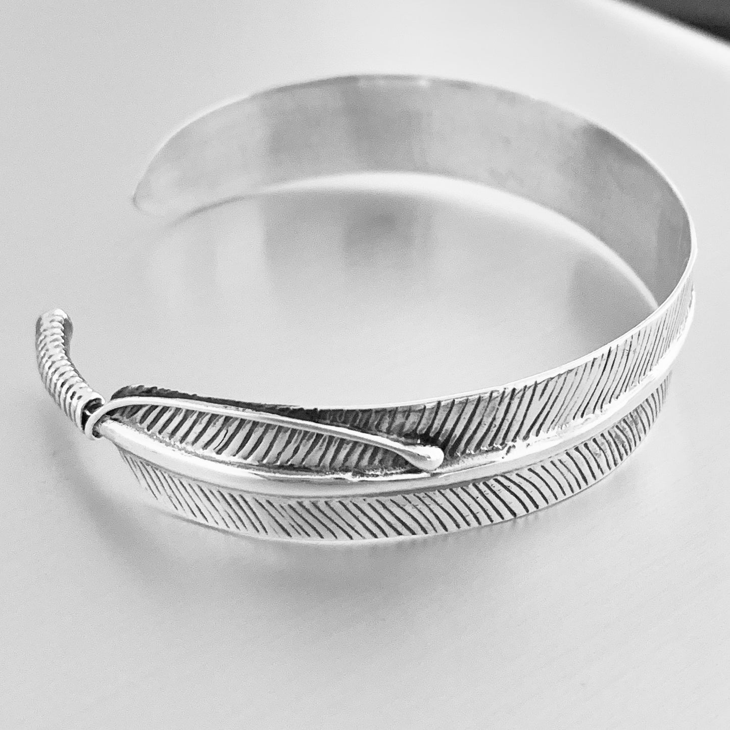 Sterling Silver Boho Statement Feather Bangle, Silver Bracelet