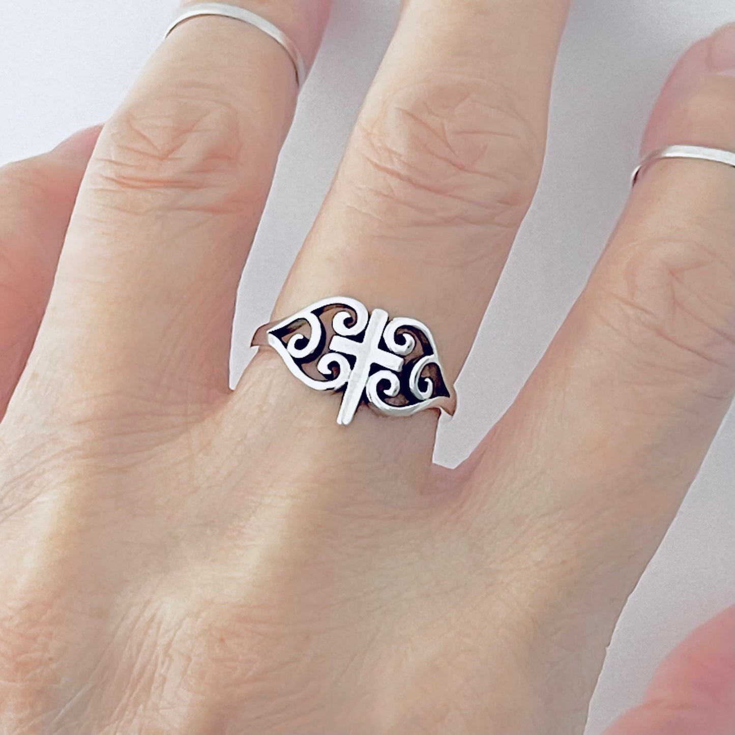 925 Sterling Silver Swirl Heart Cross Ring | Statement Religious Love Silver Rings