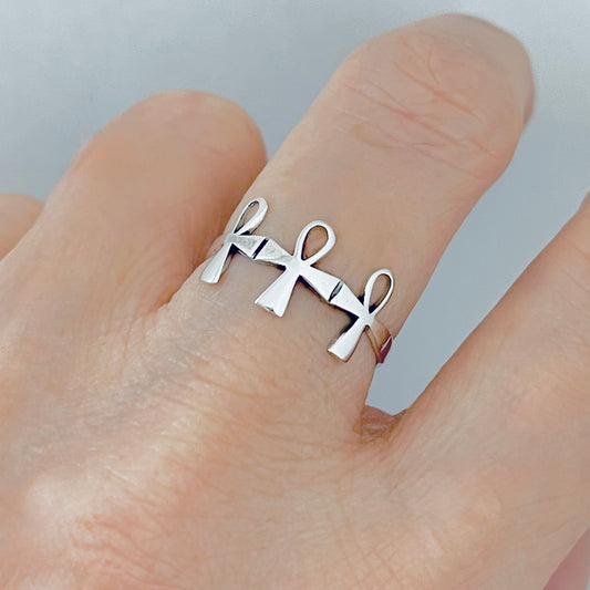 Sterling Silver Thin Delicate Triple Ankh Ring – Key of Life Dainty Cross Silver Rings